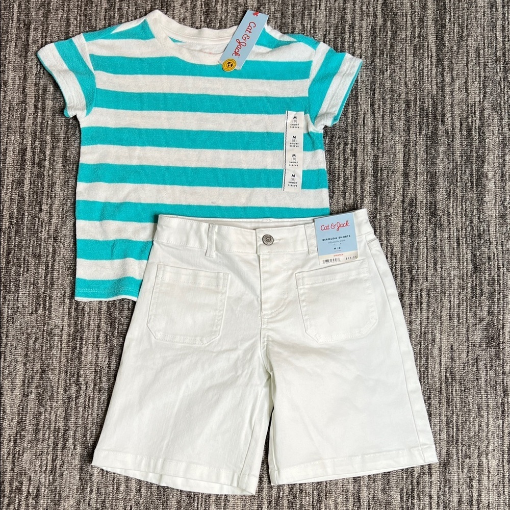 Cat & Jack Aqua and White Striped Tee and Bermuda Shorts Size M (8)